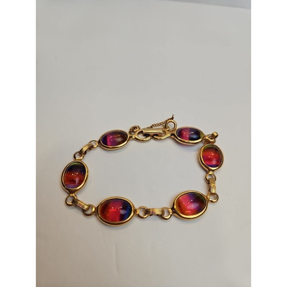 Mid Century 60s Sarah Coventry Harmony Rainbow Glass Link Gold-tone Bracelet 7.5
